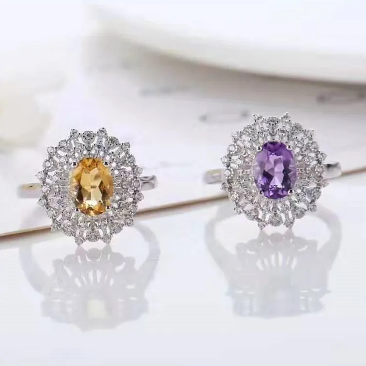 

Elegant European Style Multicolored Jewelry 925 Silver 6x8mm Natural Yellow/Amethyst Adjustable Adjustable Ring