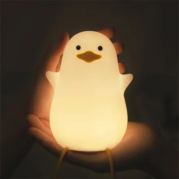 귀여운 오리 만화 실리콘 LED 야간 램프, USB 충전식, 터치 센서, 타이밍, 침실, 침대 머리맡, 아이 선물용