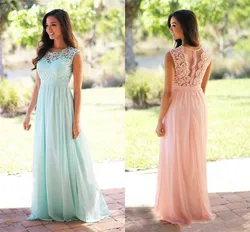 Jewel Neck Sleeveless A Line Lace Junior Bridesmaid Dresses Long Chiffon Maid Of Honor Dress Cheap Mint Green Bridesmaid Dresses