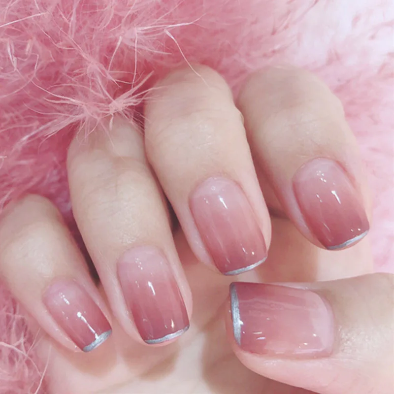 

24Pcs Ins Bride press on nails short Full Cover faux nails Sticker Pink Gradient Fake Nails Manicure Finished with Glue for girl