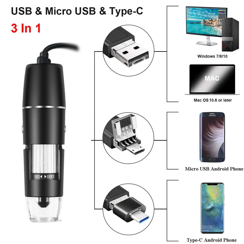 Generic Microscope numérique USB 1600X 8 LED avec support en métal à prix  pas cher