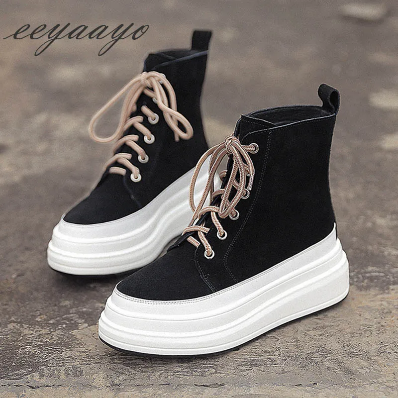 New Winter Genuine Leather Women Ankle Boots Round Toe Lace-Up Solid Causal Women Platform Shoes Black Female Short Boots