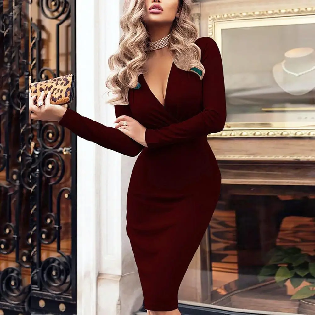 

Women New Long Sleeve Deep V Neck Solid Slim SLong Dress Casual Simple High Stretchy Package Dress