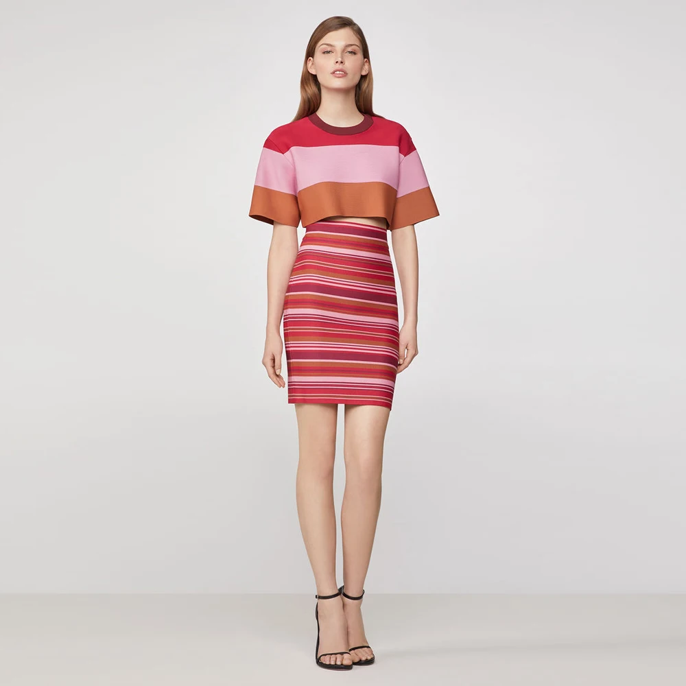 Bandage Dress Fashion Red Pink Stripe 2 Pieces Set Short Sleeve Bodycon Elegant Party Dresses Vestidos Casual Women Autumn Dress