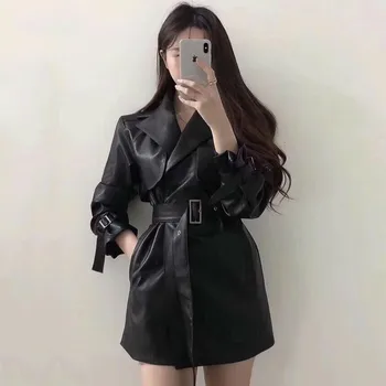 

WOMENGAGA Women Faux Leather Coat Bandage Vintage Long Leather Jacket Women Color Black White Winter Leather Jacket 2019 DG189