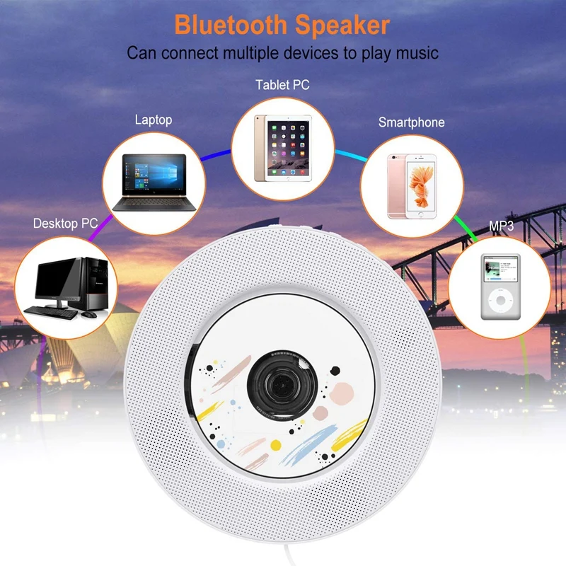 MOOL портативный CD-плеер с Bluetooth, настенный CD-плеер с пультом дистанционного управления для дома встроенные HiFi динамики с головным убором