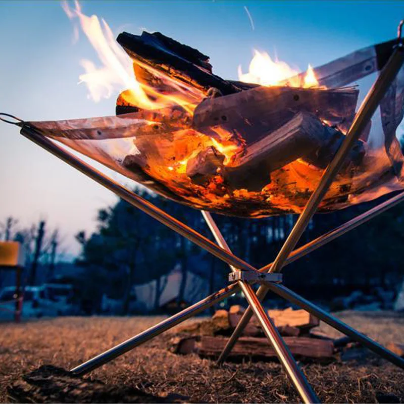 Foldable Mesh Fire Pit Outdoor Camping Fire Pit Collapsing Steel Mesh Fire Stand for Garden Backyard Heating Bonfire Net and Bag