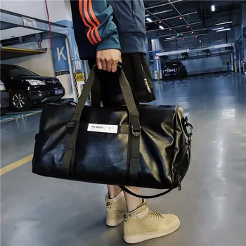 

Personality Men's Black Sports Bag PU Leather Simple Multi-function Large Capacity Fitness Bag -8