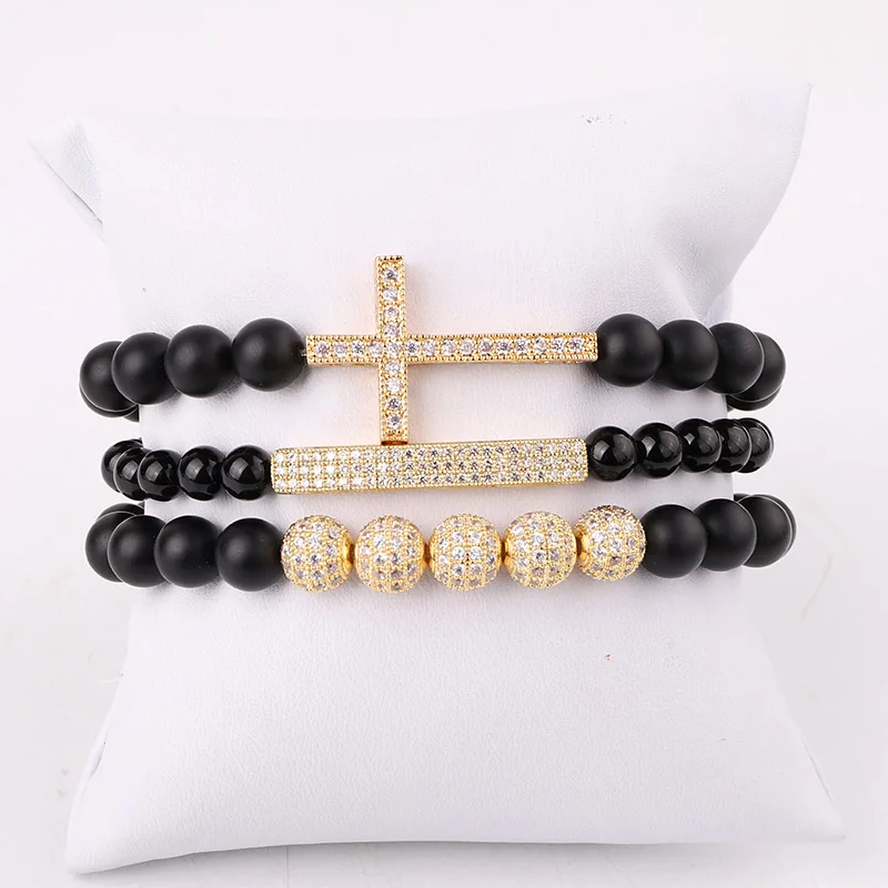 JARAVVI Natural Stone CZ Pave Cross Charm Matte Onyx Elastic Beads Bracelet Set Men Jewelry Gift - Image 4