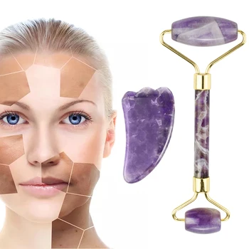 

Face Roller Gua Sha Tool Set Amethyst Facial Neck Massage Natural Stone Jade Roller Slimming Anti Wrinkle Cellulite Beauty Tools