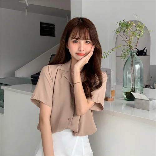 Turndown Collar Short Sleeve Chiffon Shirt Blouse Women 2020 Office Ol Overalls Shirt Casual Button Loose Summer Simple Tops kahki