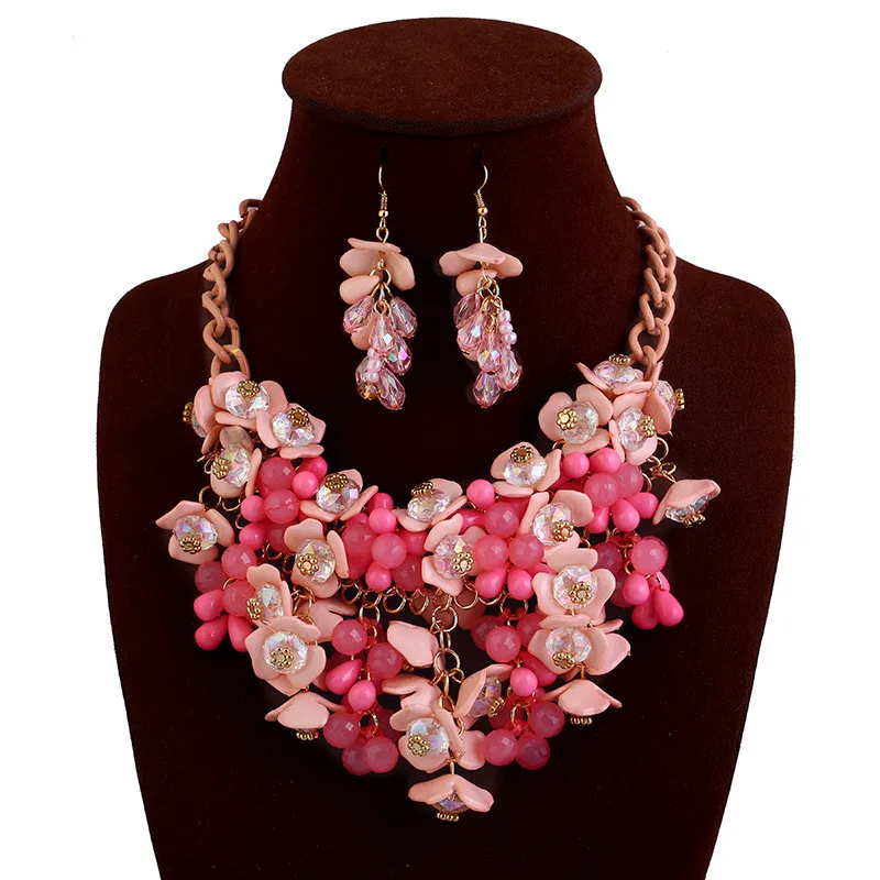 

Hot Exotic Colorful Rhinestone Resin Beads Flower Pendant Necklace Jhumka Earrings Women Charms Wedding Bridal Jewelry Sets