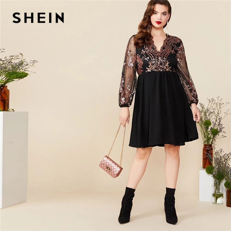 

SHEIN Plus Size Black V Neck Floral Contrast Sequin Mesh Sleeve Flare Dress Women Summer Autumn Glamorous Party A Line Dresses