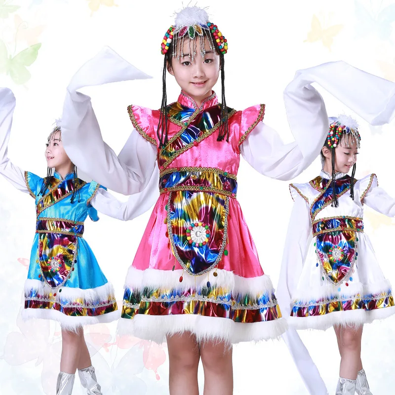 Children National Minority Nation Costume CHILDREN'S Performance Wear Tibetan Clothes Tibetan Dance Costume Long White Silk Slee