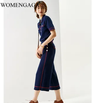 

2020 Summer Turn-down Collar Vintage 2 Pieces Set Women Short Sleeve Sweater Shirt+Mini Skirt Runway Brand Knitted Suits N031