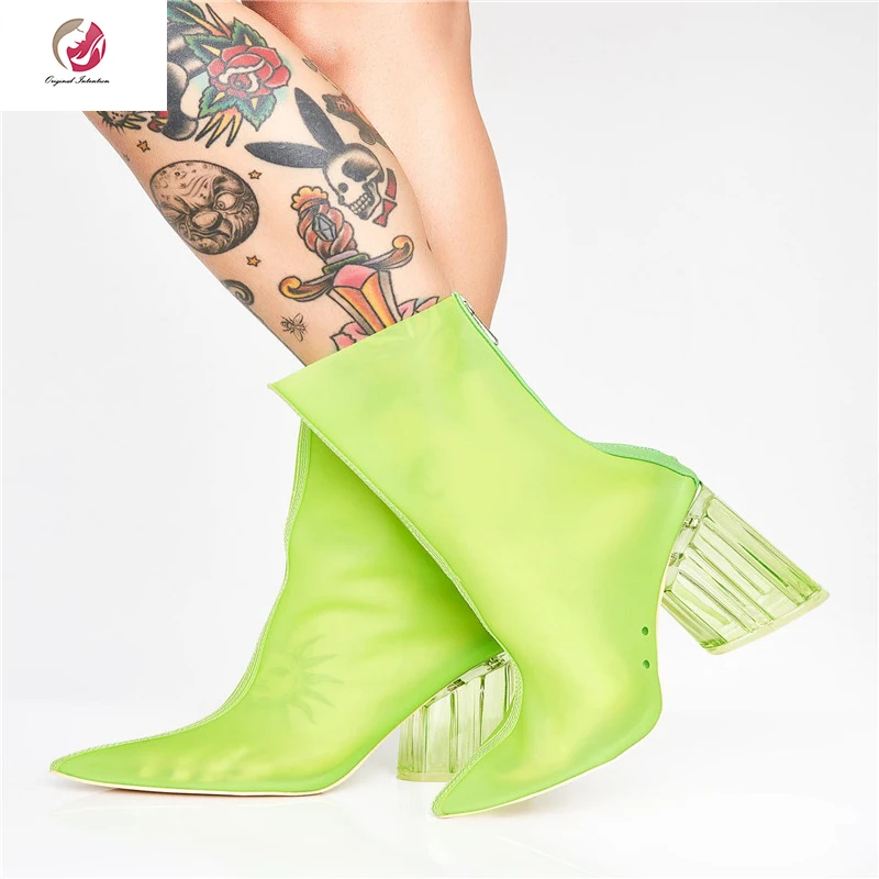

Original Intention 2019 Fashion Women Candy Color Ankle Boots Pointed Toe Transparent Heels Boots Shoes Woman Plus Size 5-16