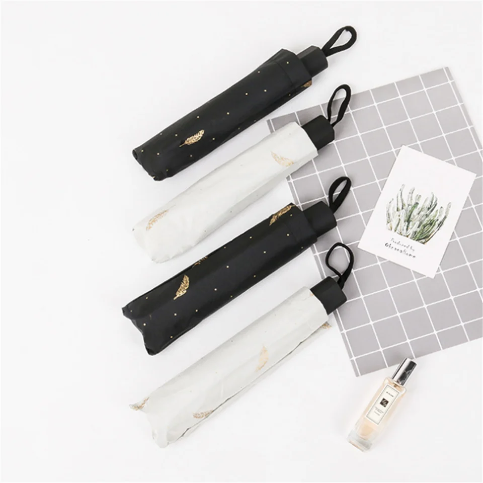 

Creative Bronze Feathers Black Gloves Parasols Small Clear Umbrella Folding Sunscreen UV Protection Tri-fold Umbrella Rain Gear