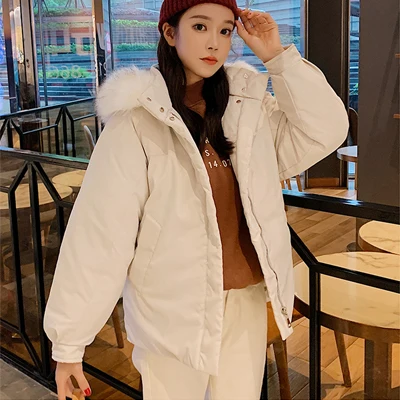 Белый Winter new Korean loose padded white hooded black jacket Fashion temperament coat - Цвет: Белый