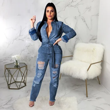 

Hole Loose Denim Jumpsuit Women Long Sleeve Casual Ripped Denim Bodysuit Female Casual Wide Leg Jumpsuit Printed Slim