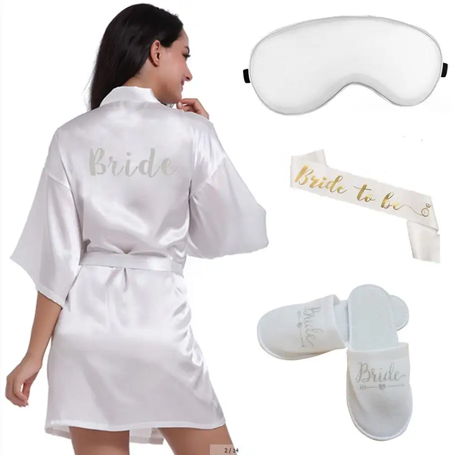 Bride Robes 4pc set of glitter gold bride satin short bride robe slippers bridal sash peignoir women Bridal Party kimono robe