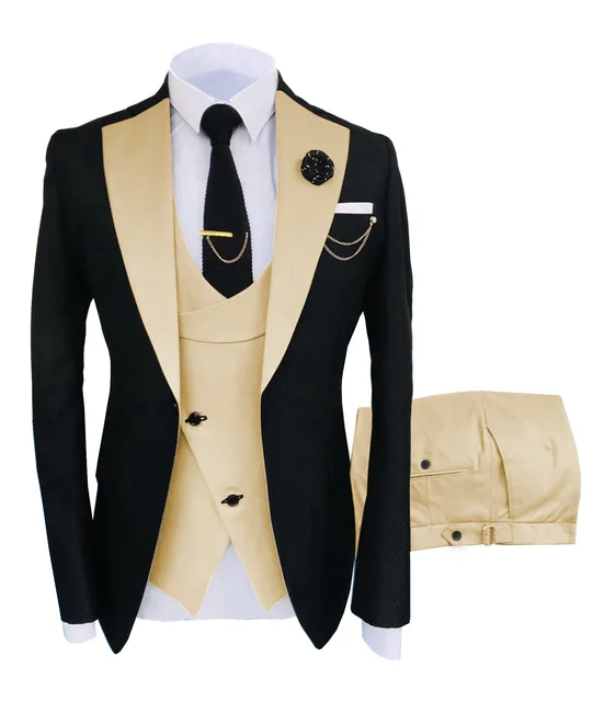 Мужской деловой костюм из 3 предметов, смокинг для свадьбы, блейзер + брюки + жилет, цвета шампанского и бежевого цвета 1