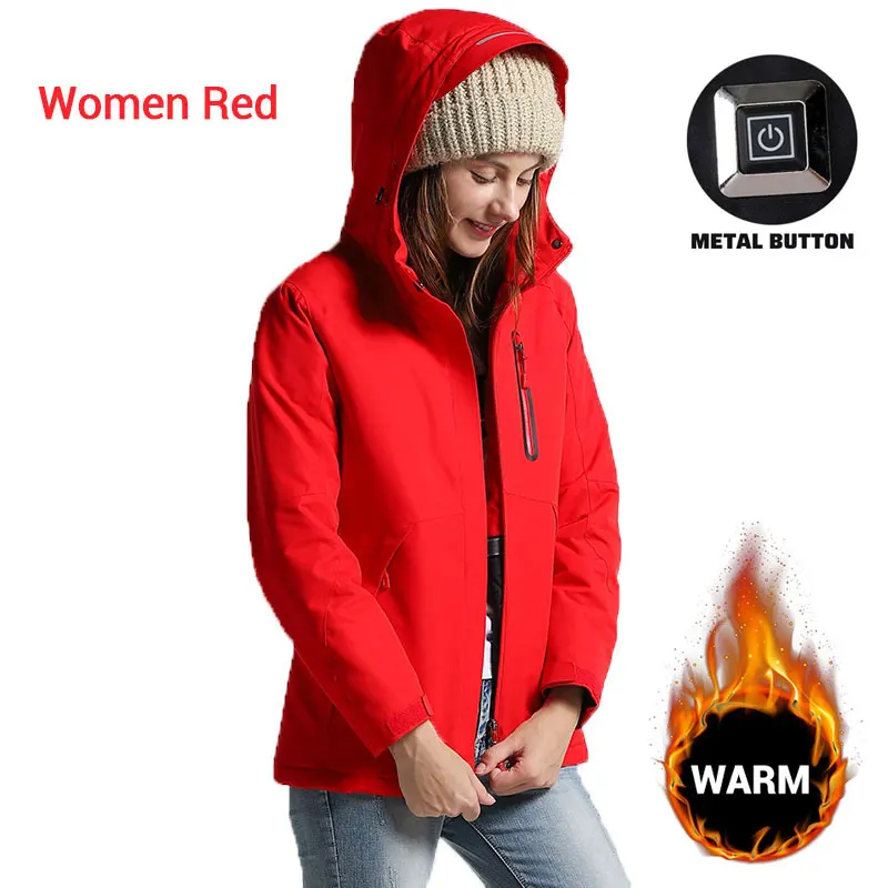 Мотоциклетная куртка для мужчин и женщин Зимняя Толстая USB Инфракрасная нагревательная куртка водонепроницаемая с капюшоном электрическая теплая одежда Chaqueta Moto - Цвет: Women Red