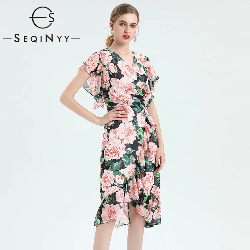 

SEQINYY Slim Sheath Dress 2020 Summer Spring New Fashion Design Short Sleeve Ruffles Flowers Printed Knee Dress
