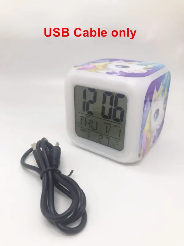 USB Cable Дети милый мультфильм Единорог Будильник 7 цветов Изменение Ночной светильник светодиодный цифровой будильник студенческие настольные часы с термометром - Цвет: USB Cable