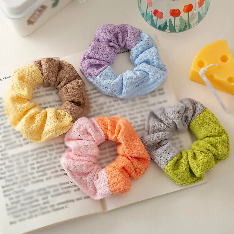 

Waffle Cream Scrunchies Elastic Hair Bands Korean Hair Accessories Solid Color Splicing Color Lattice Knitted Hair Rope