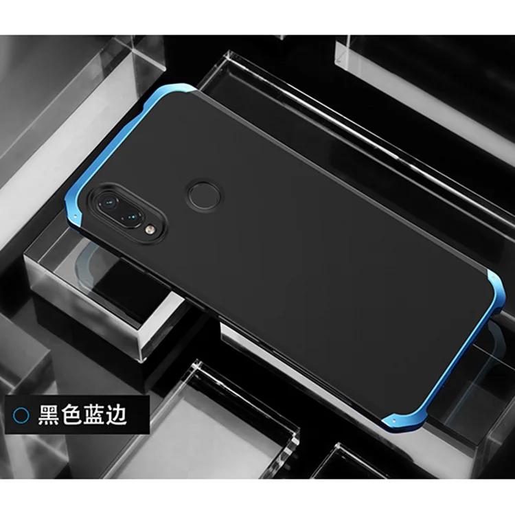Текстурированная анти-осенняя Металлическая Рамка PC задняя пластина для Xiaomi Redmi note7 Pro Note7 алюминиевый сплав Мобильный бампер чехол с подарком - Цвет: Black  Blue Side