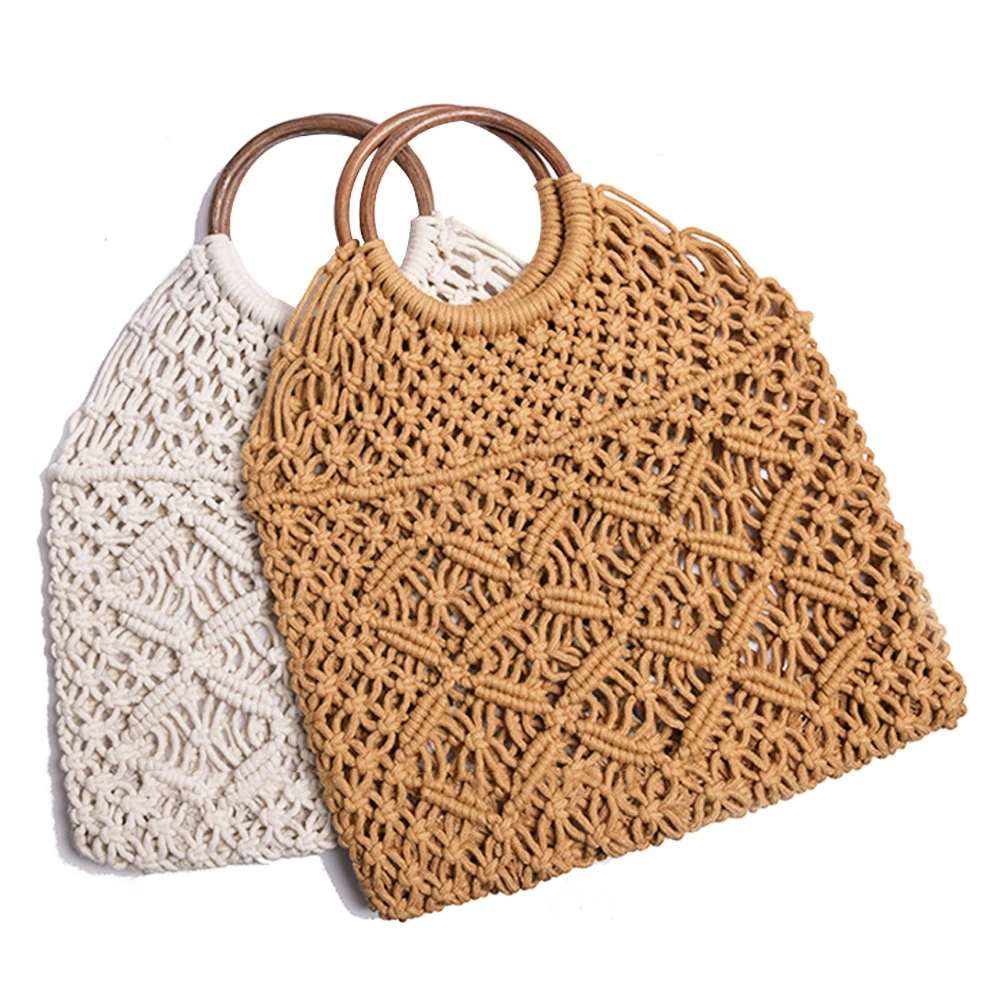 

Bohemian Cotton Rope Hollow Straw Bag Sheer Macrame Tote Wooden Ring Rattan Handle Net Bag Vintage Retro Chic Handbag 2020 New