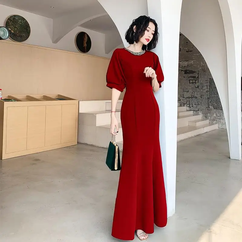 Черное женское элегантное платье Qipao с пышными рукавами, Размер 3XL, официальное вечернее платье, сексуальное платье с высоким Чонсам с высоким разрезом, новинка, квадратный воротник, Vestidos - Цвет: Red 1