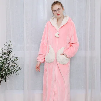 

Warm Women's Robe Long Soft Flannel Thicken Pajama Autumn Winter Loose Hooded Nightgrown For Female Ladies Girls(M/L/XL)