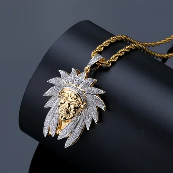 

AAA+ Cubic Zirconia Paved Iced Out Bling Gold Silver Color Two Tone Indian Pendants Necklace for Men Hip Hop Rapper Jewelry