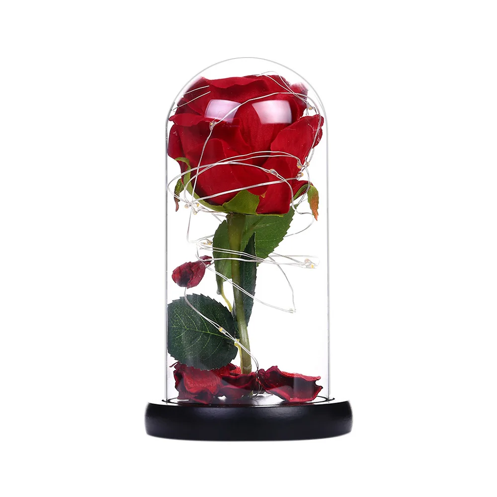 Романтический Ночной светильник, Роза в стеклянном куполе, деревянная основа, подарки ко дню Святого Валентина, Рождественский светодиодный лампы с розами, цветочное украшение для подарков N