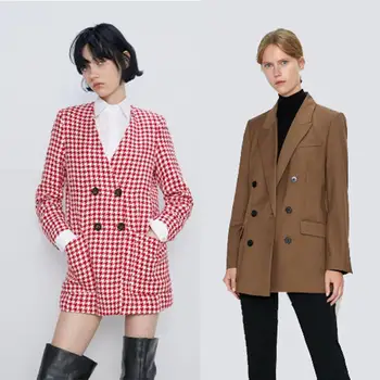 

2019 ZA Women's Suit Fashion New Winter Houndstooth Coat Bohemian Women's Long-sleeved Lapel Pockets Casual Suit Party Gifts