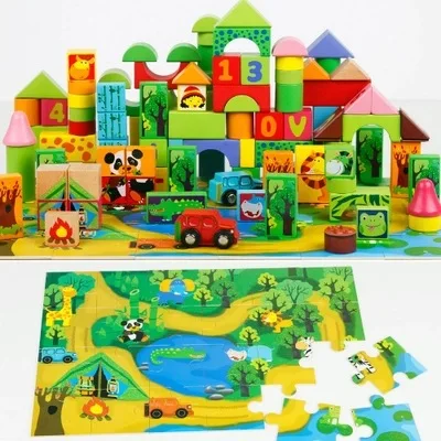 

Point 130 Grain CHILDREN'S Building Blocks Forest Animal Theme Stamp Feature Children Educational Barrel Building Blocks
