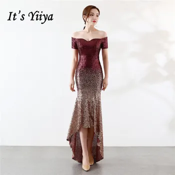 

Burgundy Evening Gown It's Yiiya DX330 Boat Neck Mermaid Sequined Evening Dress 2020 Short Sleeve Off The Shoulder Abendkleider