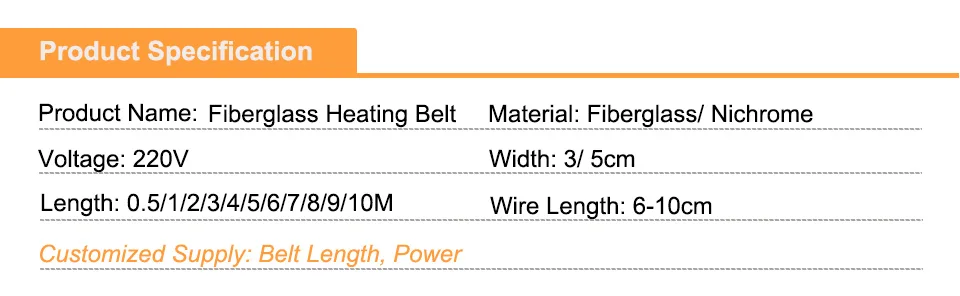 Description Picture 3 of itemFireproof Fiberglass Heating Belt Element 220V 0.5/1/1.5/2/2.5M Length 3cm Width Electric Heater Element for Pipeline