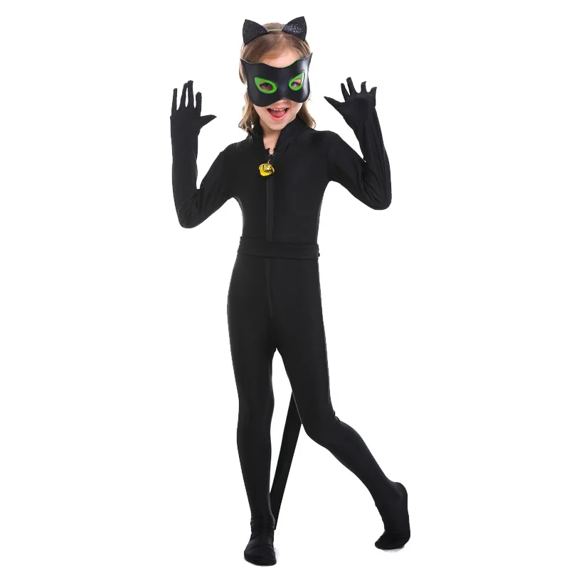 Boys Clothing Sets Black Cat Noir Carnival Cosplay For Adults Men Jumpsuit+...