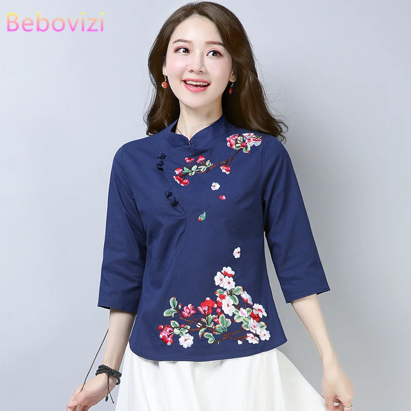 Cotton Linen Chinese Style Qipao Shirt for Women Blue White Hanfu Embroidery Retro Summer Loose Han Fu Traditional Blouse Top