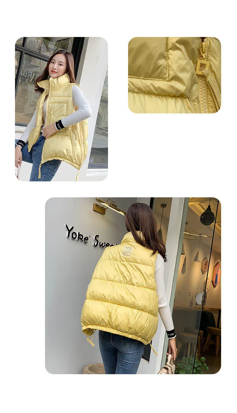 Winter Woman Down Cotton Short Vest Coat Yellow Stand Colloar Sleeveless Jacket Large size Waistcoat Korean Style Gilet Femme petite long puffer coat