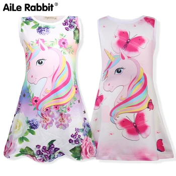 

2020 Grils Dress Summer Butterfly Unicorn Print Baby Girls Dresses Party Princess Dress Sleeveless Birthday Christmas Gift Clot