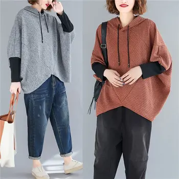 

COIGARSAM Vintage Hooded blouse women Casual Loose Batwing Sleeve blusas womens tops and blouses Grey Black Dark Blue 1230