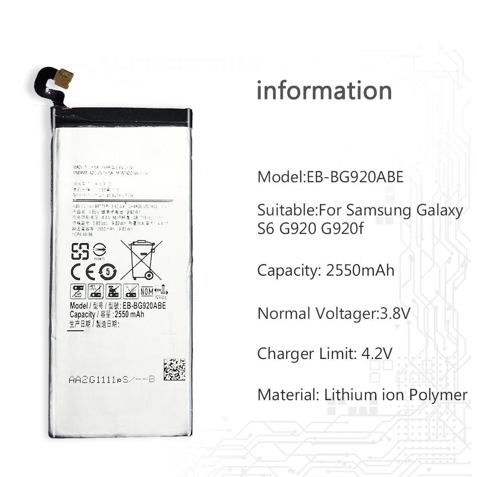Замена Батарея EB-BG920ABE для Samsung Galaxy S6 SM-G920 G920F G920i G920A G920V G9200 G9208 G9209 2550 мА-ч