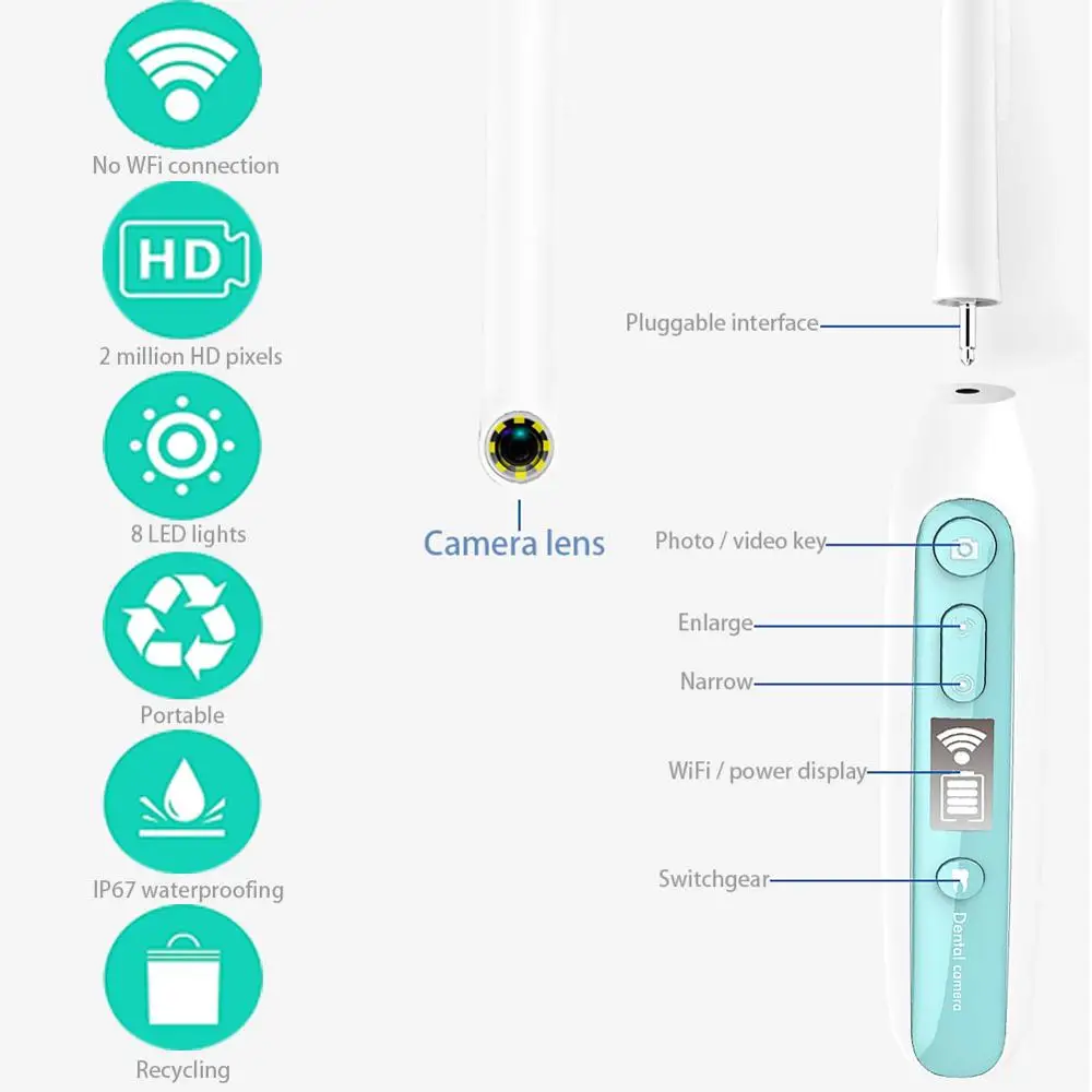 2MP HD беспроводной стоматологический Wifi эндоскоп 8 регулируемых светодиодных ламп