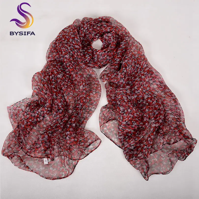 [BYSIFA] цветочный узор женский длинный шелковый шарф палантин с принтом 170*105 см Модный розовый красный бренд Шаль из чистого шелка для осени - Цвет: dark red