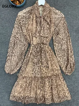 

New 2020 Summer Fashion Style Dress Women Bow Collar Sexy Wild Leopard Prints Long Sleeve Casual Sexy Club Dress Above Knee