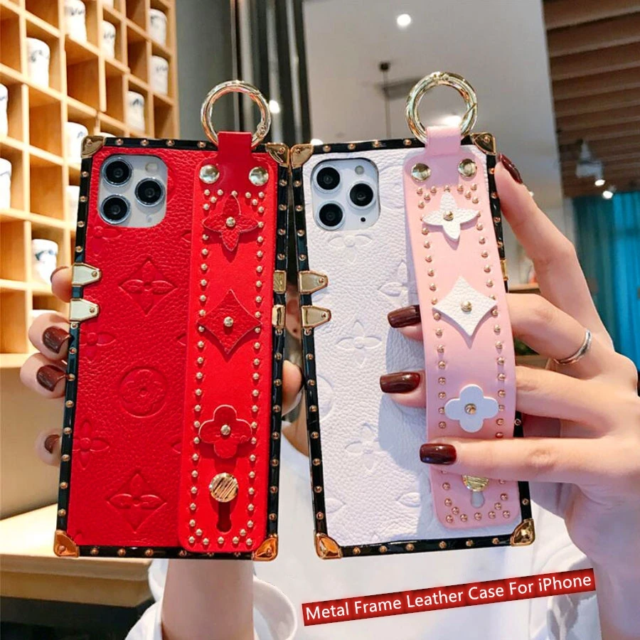 

Luxury Metal Frame Wrist Strap Case For iPhone 7 8 6 6s plus 11 Pro Max X Xs max XR Relief PU Leather Floral Phone Holder Cover