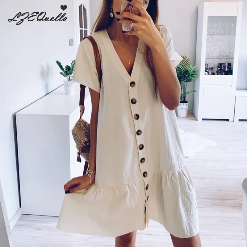 Женское платье-рубашка lzequeella однотонное винтажное с коротким рукавом и